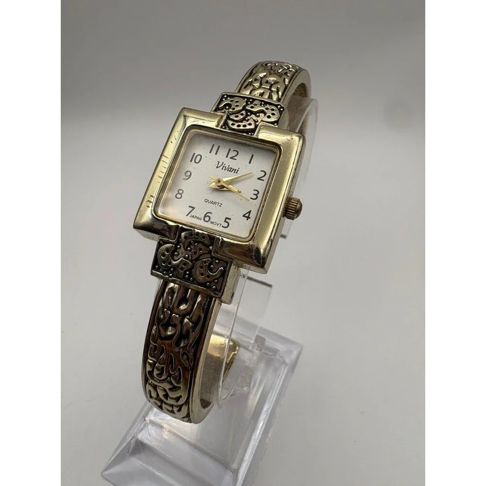 Vintage Vivani Gold-Tone Square Dial Bangle Cuff Watch Japan Movt Ornate Band
